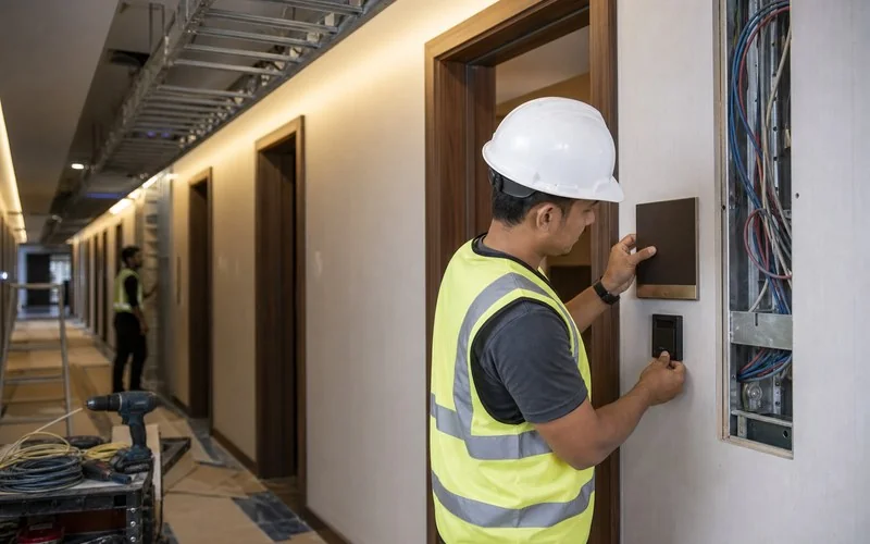 Hotel corridor door sign and power module install
