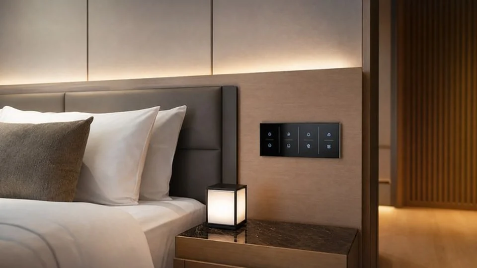 Luxury guestroom lighting scene illustration
